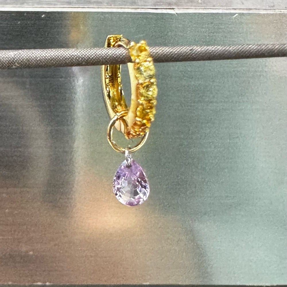 Yellow ombré sapphire hoop huggie with purple pear sapphire charm 18K solid gold